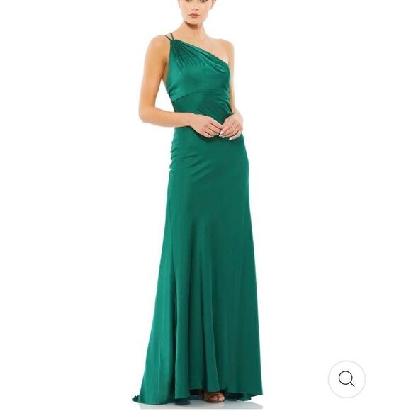 NWOT Ieena For MacDuggal One Shoulder Double Strap Satin Gown Emerald Green 4 - Picture 2 of 14